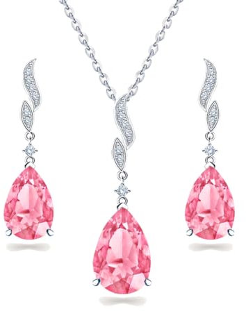 JIANGXIN Forma a goccia Elegante Parure Gioielli Donna Collana e Orecchini Argento 925 Pietra Portafortuna Tormalina rosa sinteticacon Scatolina Regalo Regali Moglie Mamma Lei Compleanno Regalo