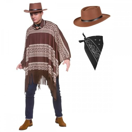 Western-Cowboy-Poncho + Gunslinger-Hut + schwarzes Bandana: Erwachsene Wild West Drifter Gunman Herren Kostüm