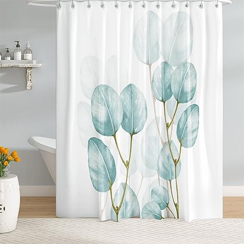 M&W Home Duschvorhang natürliches Wohlfühlambiente zarte grüne große Blätter ruhig gemütlich und Sanft hochwertiger Textilvorhang aus Polyester 100% wasserdicht Größe 180x200cm