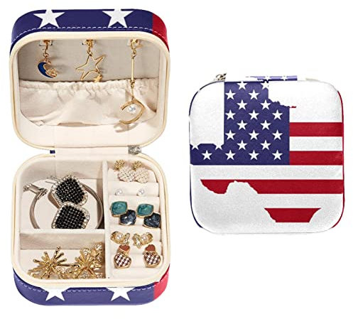 KQNZT Schmuck-Organizer-Box, kleine Schmuckaufbewahrung aus Pu-Leder für Ohrringe, Ringe, Halsketten, Armbänder,Karte der amerikanischen Flagge von Texas
