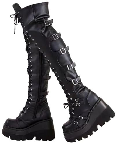 tinbarry Overknee Stiefel Damen Langschaftstiefel Gothic Punk Schwarz Plateaustiefel PU Leder Schnürstiefel Kniehohe Keilabsatz Stiefel Reißverschluss Winterschuhe mit Gürtel Schnalle