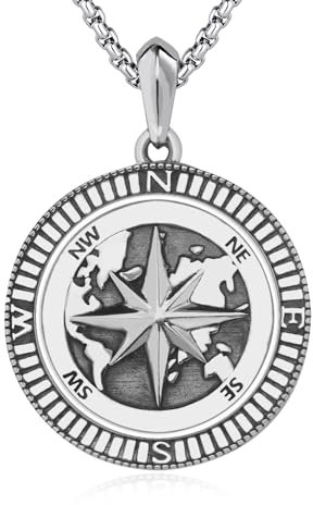 DOTBJ Herren Damen Weltkarte Kompass Anhänger Kette Halskette 925 Sterling Silber Abschluss Geschenk Schmuck mit Edelstahlkette 50,8 cm + 5 cm