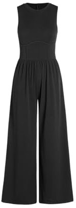 CIDER Jumpsuit für Damen, ärmellos, weites Bein, lässig, einfarbig, Rundhalsausschnitt, einteiliges Outfit mit Taschen, Sommer 2024, Schwarz, Large