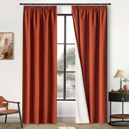 MIULEE 100% Blickdichte Vorhänge mit Kräuselband Leinenoptik, Verdunkelungsvorhang Gardinen Thermovorhang Kälteschutz Fenster Wohnzimmer Modern Schlafzimmer Balkontür, 2er Set,140X245CM, Ziegelrot