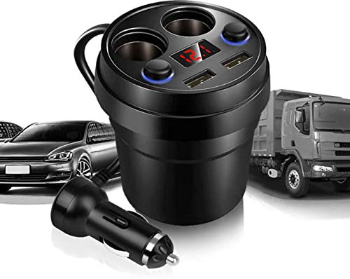 Cargador de coche multifunción con portavasos, doble agujero para encendedor de cigarrillos, doble carga rápida USB, pantalla LED en tiempo real, refrigeración inteligente, para