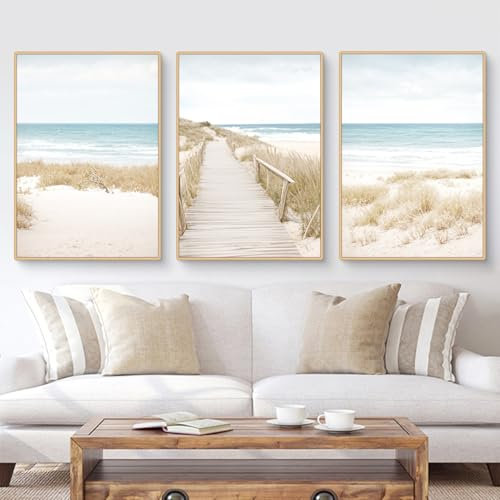 3er Poster Set, Boho Blauer Meerblick Wandbilder, Natur Strand Wild Schilf Bilder, Modern Wanddeko, Vintage Bilder Deko für Wohnzimmer Schlafzimmer-Ohne Rahmen (50x70cm)