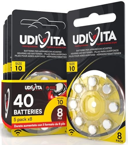 40 Hearing Aid Batteries Size 10 Udivita PR70 (Yellow) Zinc-Air with Phono Pulse Technology - 5 Blisters of 8 Batteries