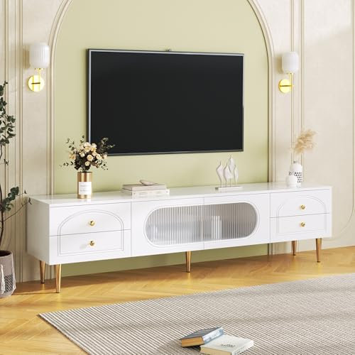 BTM Meuble TV Bas, Meuble TV Chambre avec 2 Portes en Verre et 4 tiroirs, Meuble TV avec Rangement avec 2 Trous pour la Gestion des câbles, Meuble TV Moderne, Banc TV Blanc, 175x45x35 cm