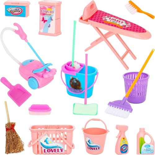 18PCS Kit de Nettoyage pour Enfant, Miniature Outils Accessoires, Kit Menage Jouet, Accessoire Maison de Poupee, kit Menage Enfant, Couleur Aléatoire