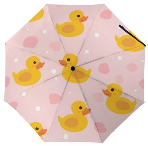 Tilivyx Regenschirme Niedliche Ente Rosa Herzen Muster Automatischer Faltschirm Uv-Sonnenschutz Regenschirme Tragbarer Regenschirm