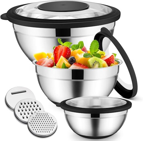 HaWare Rührschüssel 3er Set, Edelstahl Schüssel Salatschüssel Set mit Transparenter Luftdichtem Deckel und Rutschfester Silikonboden & 3 Reibenaufsätzen, 4,6L/2,5L/0,7L, Spülmaschinenfest, Schwarz