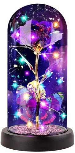 FAYODO Die Schöne und das Biest Ewige Rose, Blumen Geschenke für Mama, Rose in Einer Glaskuppel mit LED Licht Holzsockel für Freundin Frau am Weihnachten Muttertag Geburtstag Valentinstag Jahrestag