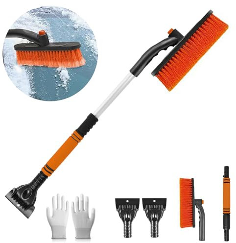 Funnity Eiskratzer Auto mit Besen, Effektiver Schneebesen Auto, Eiskratzer Auto mit Handschuh[Teleskop], Große Kante Borsten & Ergonomischem Schaumstoffgriff & Eiskratzer mit Besen(Orange)