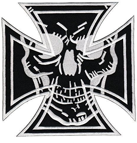 Großer Totenkopf Rückenpatch – 18 x 18 cm – Gestickter Aufnäher für Biker XXL Flicken Rückenaufnäher Schädel Kreuz Patch Bügelbild Backpatch für Motorradjacke Kutte Lederweste – Hochwertige Stickerei