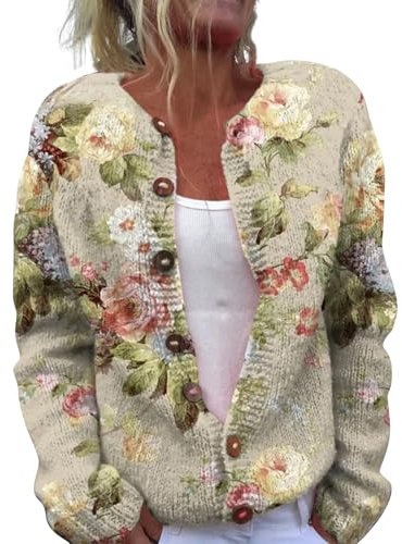 YIzdegg Damen Strickjacke Open Front Strick Cardigan mit Blumen Stickerei Langarm Strickmantel V-Ausschnitt Knopfleiste Strickware Classic Gestrickte Jacke Sweater Strickcardigan Weihnachtspullover E