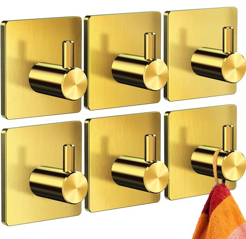 4happy Handtuchhaken ohne Bohren – 6er Pack Handtuchhalter ohne Bohren Gold, Klebehaken Edelstahl wasserfest, Haken selbstklebend als Handtuchhaken, Badezimmer Handtuchhalter, funktionale Haken