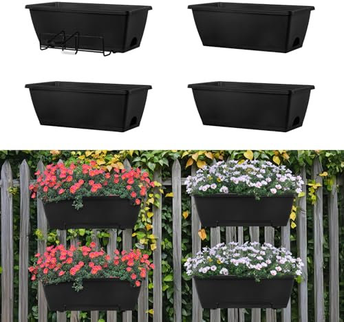 Skcoipsra 4 Pack Hanging Planters for Railings, Flexible Clamp-On Flower Pot Holder with Drainage, Railing Planter Box for Balcony, Deck & Fence (Planter Included)