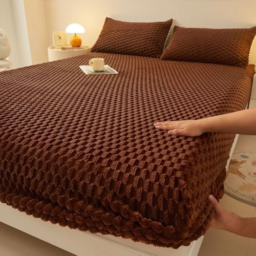 Dunkelbraunes Spannbetttuch für Matratze 180 x 200 cm mit 2 Kissenbezügen, Samt-Matratzenschoner, einfarbiges Bettlaken für Doppelbett, weich und langlebig