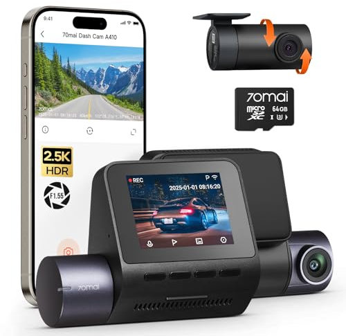 70mai Dash Cam Front and Rear A410, 2.5K+1080P Dual Dash Camera with HDR, Super Night Vision, F1.55 Aperture, 24H Parking Mode, Built-in Wi-Fi & GPS, G-Sensor, Loop Recording, 64GB Card Included