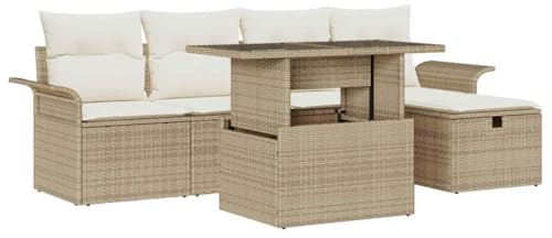 vidaXL 6-teiliges Garten-Sofa-Set mit Kissen in Beige und Cremeweiß aus Poly Rattan - Bequeme modulare Terrassen-Sitzgruppe, Lounge-Couch und Sofas im modernen Stil