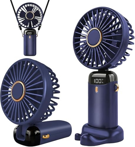 Italia Magazzini Mini ventilatore portatile, ricaricabile tramite USB, 5 velocità, a batteria, pieghevole, da scrivania, con display LED, per casa, ufficio, camera da letto, viaggi e all’aperto (Blu)