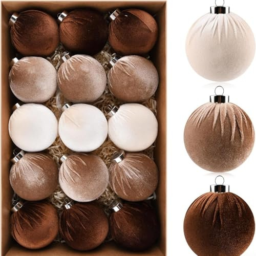 Weihnachtsbaumschmuck aus Samt, bruchsicher, 80 mm, mit elegantem Plissee-Design und Seidenbändern für festliche Feiertagsdekorationen, Braun, 15 Stück