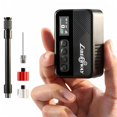 Mini Electric Bike Pump 120PSI with Pressure Gauge, Auto Stop & LED Light - Cordless Portable Bicycle Pump for Road, Mountain Bike, E-Bike, City and Fat Tyre Bikes with Presta & Schrader Valve