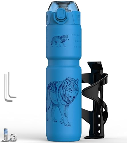 MYFOREST 700ml Borraccia Termica per Bici, con rivestimento interno in acciaio chirurgico inodore, impugnatura più salda per sentieri accidentati, apertura rapida (Set lupo blu)