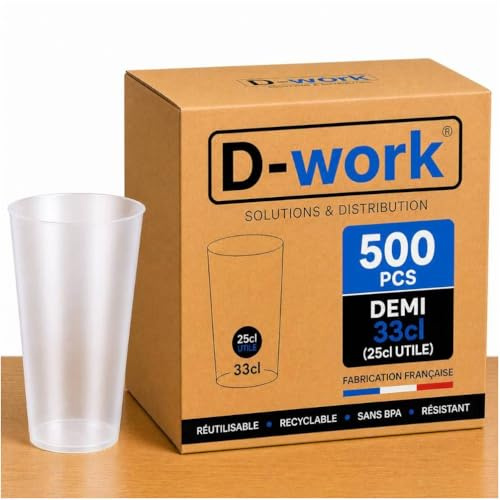 Lot de Gobelets Réutilisables 33 cl (25 cl utile) en Polypropylène Sans BPA, Verres Translucides Résistants, Idéal Soirée, Bar, Événement, Recyclables et Lavables - D-Work