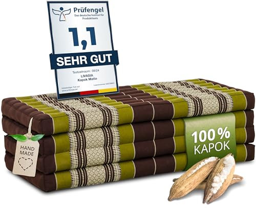 livasia Nachhaltige Klappmatratze aus Kapok - 200x110x8cm - breite Gästematratze, Faltbare Matratze, ökologische Yogamatte, klappbares Gästebett, Liege für Garten und Balkon (Braun/Grün)