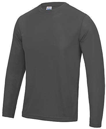 Just Cool Mens Long Sleeve Cool Sports Performance Plain T-Shirt (XL) (Charcoal)