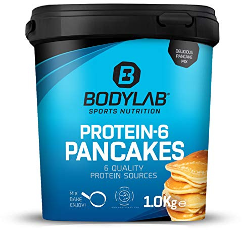 Protein Pancake Mix Bodylab24 Protein-6 Pancakes Banane-Schokolade 1kg, Pfannkuchen Pulver mit fast 60% Eiweiß, Mehrkomponenten Protein Pulver
