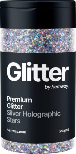 Hemway Premium Glitter Shaker - Silver Holographic Stars | Shaped Metallic Flake Sequins for Resin & Epoxy Crafts | Craft Supplies for Tumblers, Festival, Hair, Face, Body, Eye & Nail Art | 78 g