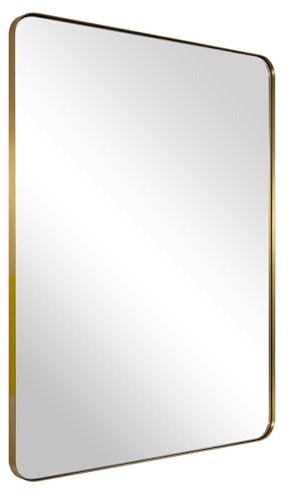 Gold Wall Mirror, 24x36 Inch Mirror for Bathroom, Brushed Brass Stainless Steel Metal Frame with Rounded Corner, Rectangle Glass Panel Wall Mounted Mirror for Decor of Bathroom, Vanity, Washroom