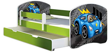 ACMA Kinderbett Jugendbett mit Einer Schublade und Matratze Grün mit Rausfallschutz Lattenrost II 140x70 160x80 180x80 (04 Blaue Auto, 160x80 + Bettkasten)