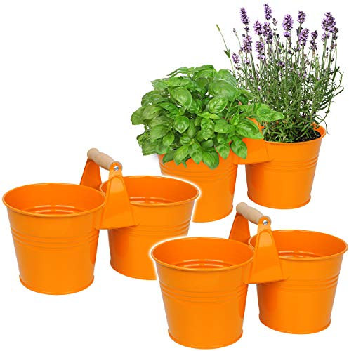 alles-meine.de GmbH Design - doppelter 2er - Blumentopf/Pflanzkübel/Pflanzschale - Metall - mit Holzgriff/Henkel - orange - 34 cm - RUND - frostsicher - MITTEL groß - Eimer..