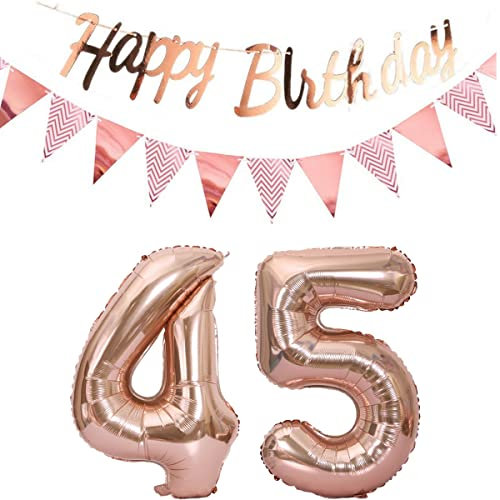 Luftballons 45.geburtstag deko frauen rosegold+Happy Birthday Girlande +Wimpelkette 40Zahlen Ballon 45 Luftballons 45 Jahre Geburtstag Dekoration frau Geburtstagdeko 45 Geburtstag deko rosegold(45)