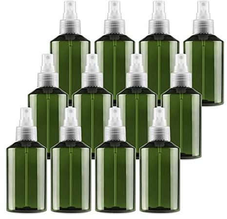 TIANZD 12 Pieces Empty 150 ml Green PET Plastic Fine Mist Pump Spray Bottles with Clear Sprayer for Cosmetic Perfume Water Travel Portable Containers Refillable, 2x Funnel