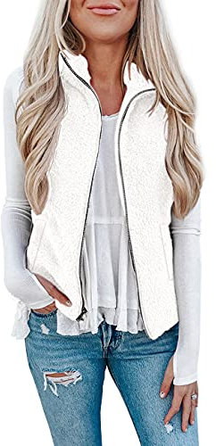Raphin Damen Westen Ärmellos Teddy-Fleece Warm Mode Damen Daunenjacke Winter Einfarbig Reißverschluss Lose Pelz Weste Mit Taschen(Weiß,XL)