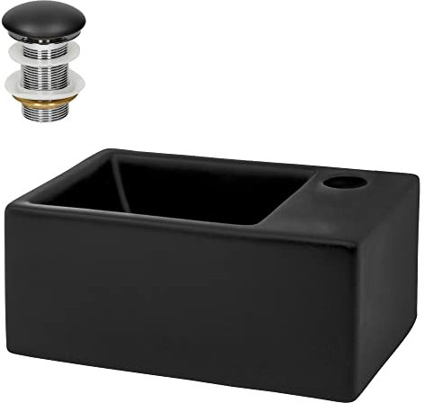 ML-Design Waschbecken Keramik Schwarz matt 35,5x20,5x12,5 cm klein inkl. Ablaufgarnitur, Moderne Aufsatzwaschbecken ohne Überlauf, Hahnloch rechts, Waschtisch Waschschale Waschplatz, für Badezimmer