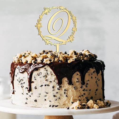 Initial Q Cake Topper, Monogramm Cake Topper Q, Rustikaler Hochzeitstorten-Topper, Kranz Spiegel Gold Acryl Kuchen Dekor, Geschenk für Brautparty Verlobung Jahrestag Geburtstag, Rustikale