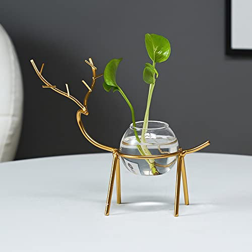 Radefasun Desktop Deer Plant Vases Small Glass Flower Vase with Gold Metal Stand Propagation Station Plant Holder for Home Wedding Decor