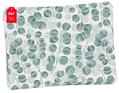 Tischsets | Platzsets abwaschbar - Eukalyptus Muster - aus erstklassigem Vinyl (Kunststoff – BPA-frei) - 4 Stück - 44 x 32 cm - rutschfeste Tischdekoration!