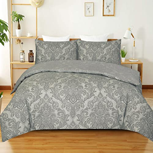 Best Linen King Size Duvet Cover Sets with 2 Pillowcases 100% Microfiber Soft & Breathable Bedding Set Easy Care Machine Washable (Grey Damask, King 3 Piece)