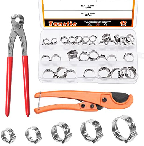 Tanstic 42 Stück 22,9 cm Ohrklemmenzange mit 5 Größen 304 Edelstahl Einzelohr-Schlauchschellen und PEX-Rohrschneider, Zange, Crimper, Ohrklemme, Zange, Crimper, Nagelabzieher