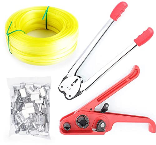 Herramienta de flejado manual, juego de flejado de empaque para sellador de tensor de fleje de PP/PET Sellado manual de empaque con cinturón de flejado de 100 m y kits de hebillas de 50 piezas