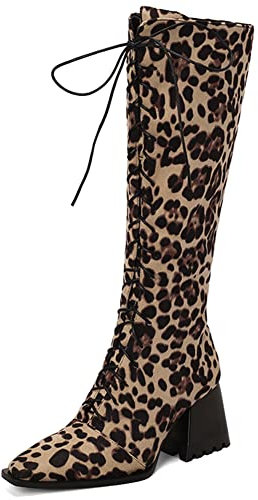 LIPIJIXI Donna's Appuntito Chunky Heels Knee Stivali Alti Chain Zip Stivali al Ginocchio Elegant Ufficio Stivali Alti Metal Decoration Stivali Patent Leopard Size 39