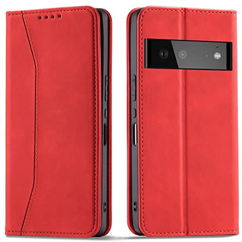 OKZone Kompatibel mit Google Pixel 6 Hülle, Magnet Leder Tasche Handyhülle, Kartenfächer Google Pixel 6 Schutzhülle, [Premium PU Leder] Flip Klappbare Stoßfeste Magnetische Standfunktion (Rot)