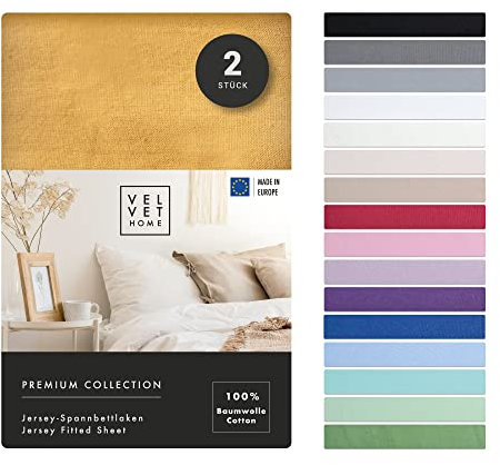 VelvetHome Doppelpack Spannbettlaken 140x200cm 100% gekämmte Baumwolle Made in EU Jersey Bettlaken 140x200 bis 25 cm Matratzenhöhe Spannbetttuch 140x200 Premium Qualität Schönen Farben Senf Farbe