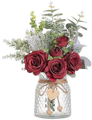 VIERENA Artificial Flowers with Vase Artificial Silk Roses in Vase Artificial Eucalyptus Flower Arrangement for Home Office Farmhouse Bathroom Dining Table Centerpiece Coffee Table Decor